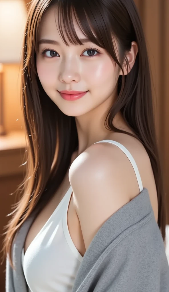 Ultra-high resolution, Superior Quality, highest quality, Super detailed, Realistic, 8k, RAW Photos, highest quality, masterpiece,  Attractive girl, A wonderful girl, Brown Hair, Shoulder-length layered, Mesh Hair, Japanese Idols, Sophisticated, stylish, blouse, 
