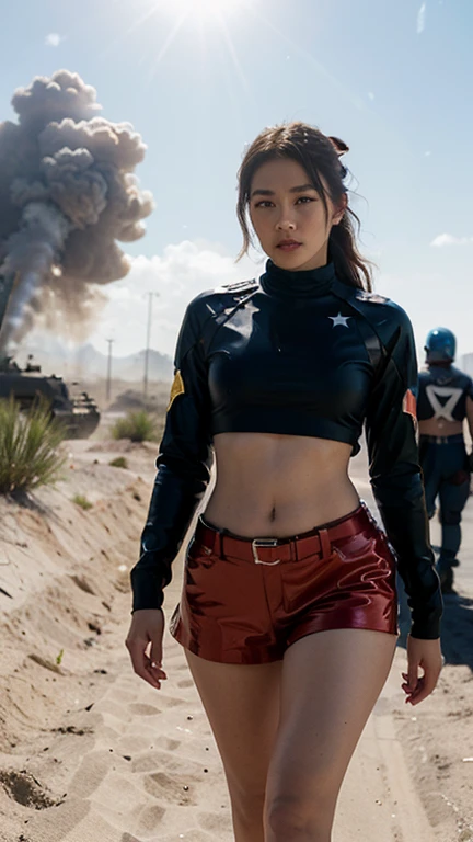 poster image of a beautiful tomboyish Asian woman with short straight hair wearing army uniform wearing sunglasses pointing her firearm against the background of explosions, helicopters, steel tanks, the poster says WAR OF THE WORLD,