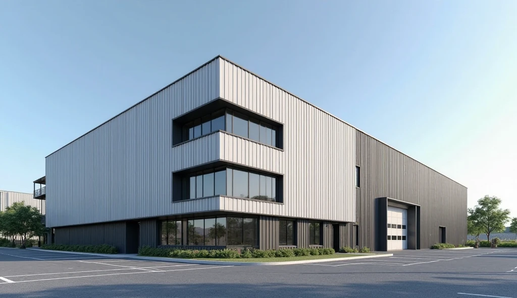A modern three-story industrial factory office building, approximately 12 meters tall, with clean and minimalist design. The exterior combines vertically oriented corrugated metal panels in white, gray, and black with exposed concrete elements. The metal cladding features evenly spaced, straight, parallel ridges, creating a uniform wave pattern. The exposed concrete is used for structural elements, walls, and accent sections, adding a raw industrial texture that contrasts with the sleek metal surfaces. Large floor-to-ceiling glass windows with black metal frames dominate the front elevation, allowing clear views into the workspace interiors. The building is surrounded by a wide asphalt parking lot with clean white markings. Minimal landscaping with a few trees and plants. Clear blue sky, strong daylight.

--high resolution, ultra-realistic, 4K detail, architectural rendering style, sharp lighting, photorealistic, clean lines, wide-angle view, exterior daytime shot