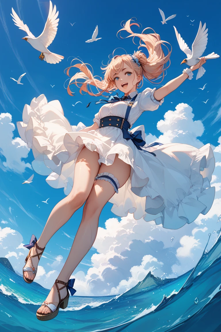 a beautiful young girl with silver twin tails, blue eyes, jumping on a beach with a yacht, seagulls, white clouds, blue sky