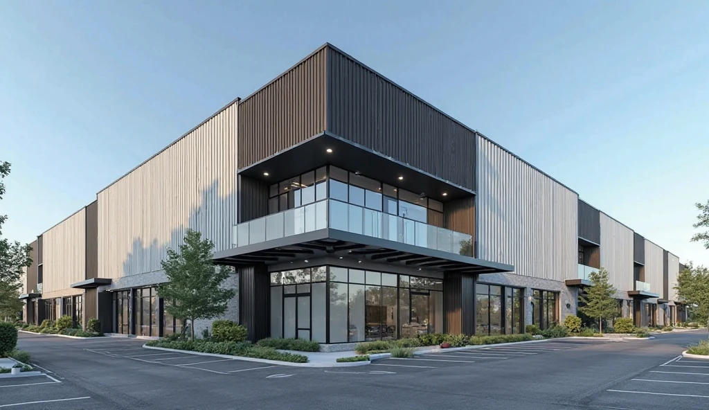 A modern three-story industrial factory office building, approximately 12 meters tall, with clean and minimalist design. The exterior combines vertically oriented corrugated metal panels in white, gray, and black with exposed concrete elements. The metal cladding features evenly spaced, straight, parallel ridges, creating a uniform wave pattern. The exposed concrete is used for structural elements, walls, and accent sections, adding a raw industrial texture that contrasts with the sleek metal surfaces. Large floor-to-ceiling glass windows with black metal frames dominate the front elevation, allowing clear views into the workspace interiors. The building is surrounded by a wide asphalt parking lot with clean white markings. Minimal landscaping with a few trees and plants. Clear blue sky, strong daylight.

--high resolution, ultra-realistic, 4K detail, architectural rendering style, sharp lighting, photorealistic, clean lines, wide-angle view, exterior daytime shot