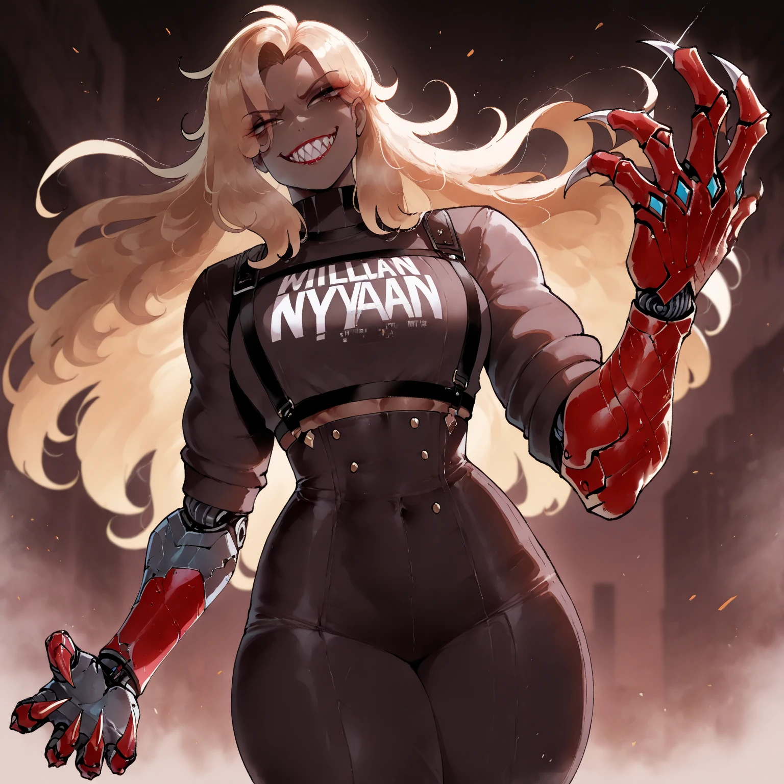 muscle girl,huge breast,, tall female, ,pants, solo focus, 1character, portrait full body,dark skinned female, , vest, coat, walking, medieval clothing, long hair, blond hair,, open mouth smile, revealing cloths, , berserker, warrior,portrait, full body, walking,lingerie