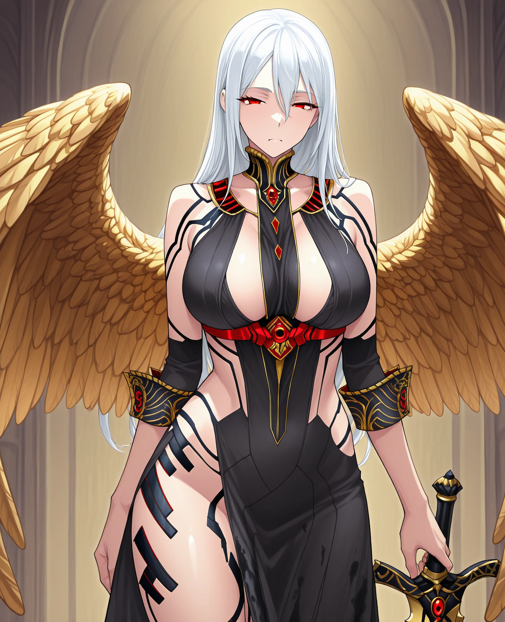 Goddess of the apocalypse with long white hair, pale skin, blood red eyes, large breasts, long black dress with gold stitching on the sides, apocalyptic wasteland with a blood moon in the sky, black blindfold 