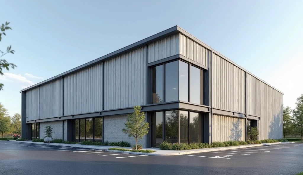 A modern three-story industrial factory office building, approximately 12 meters tall, with clean and minimalist design. The exterior combines vertically oriented corrugated metal panels in white, gray, and black with exposed concrete elements. The metal cladding features evenly spaced, straight, parallel ridges, creating a uniform wave pattern. The exposed concrete is used for structural elements, walls, and accent sections, adding a raw industrial texture that contrasts with the sleek metal surfaces. Large floor-to-ceiling glass windows with black metal frames dominate the front elevation, allowing clear views into the workspace interiors. The building is surrounded by a wide asphalt parking lot with clean white markings. Minimal landscaping with a few trees and plants. Clear blue sky, strong daylight.

--high resolution, ultra-realistic, 4K detail, architectural rendering style, sharp lighting, photorealistic, clean lines, wide-angle view, exterior daytime shot