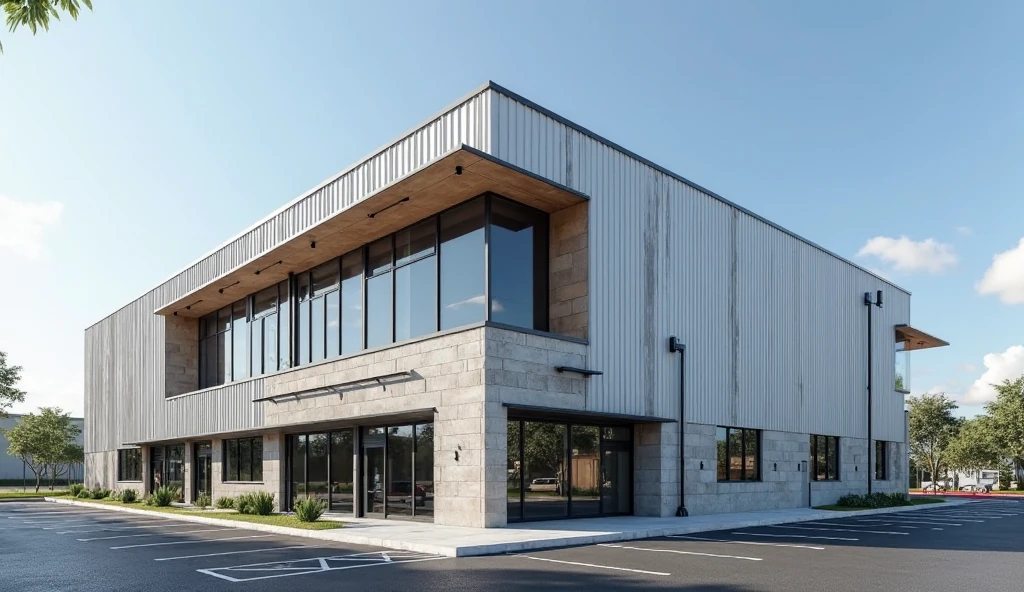 A modern three-story industrial factory office building, approximately 12 meters tall, with clean and minimalist design. The exterior combines vertically oriented corrugated metal panels in white, gray, and black with exposed concrete elements. The metal cladding features evenly spaced, straight, parallel ridges, creating a uniform wave pattern. The exposed concrete is used for structural elements, walls, and accent sections, adding a raw industrial texture that contrasts with the sleek metal surfaces. Large floor-to-ceiling glass windows with black metal frames dominate the front elevation, allowing clear views into the workspace interiors. The building is surrounded by a wide asphalt parking lot with clean white markings. Minimal landscaping with a few trees and plants. Clear blue sky, strong daylight.

--high resolution, ultra-realistic, 4K detail, architectural rendering style, sharp lighting, photorealistic, clean lines, wide-angle view, exterior daytime shot