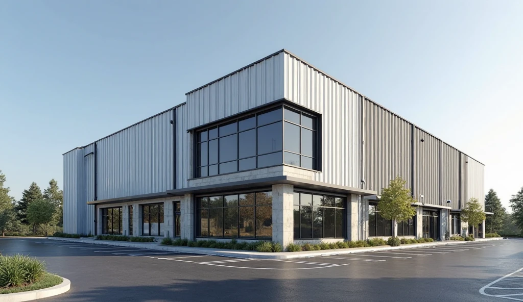 A modern three-story industrial factory office building, approximately 12 meters tall, with clean and minimalist design. The exterior combines vertically oriented corrugated metal panels in white, gray, and black with exposed concrete elements. The metal cladding features evenly spaced, straight, parallel ridges, creating a uniform wave pattern. The exposed concrete is used for structural elements, walls, and accent sections, adding a raw industrial texture that contrasts with the sleek metal surfaces. Large floor-to-ceiling glass windows with black metal frames dominate the front elevation, allowing clear views into the workspace interiors. The building is surrounded by a wide asphalt parking lot with clean white markings. Minimal landscaping with a few trees and plants. Clear blue sky, strong daylight.

--high resolution, ultra-realistic, 4K detail, architectural rendering style, sharp lighting, photorealistic, clean lines, wide-angle view, exterior daytime shot