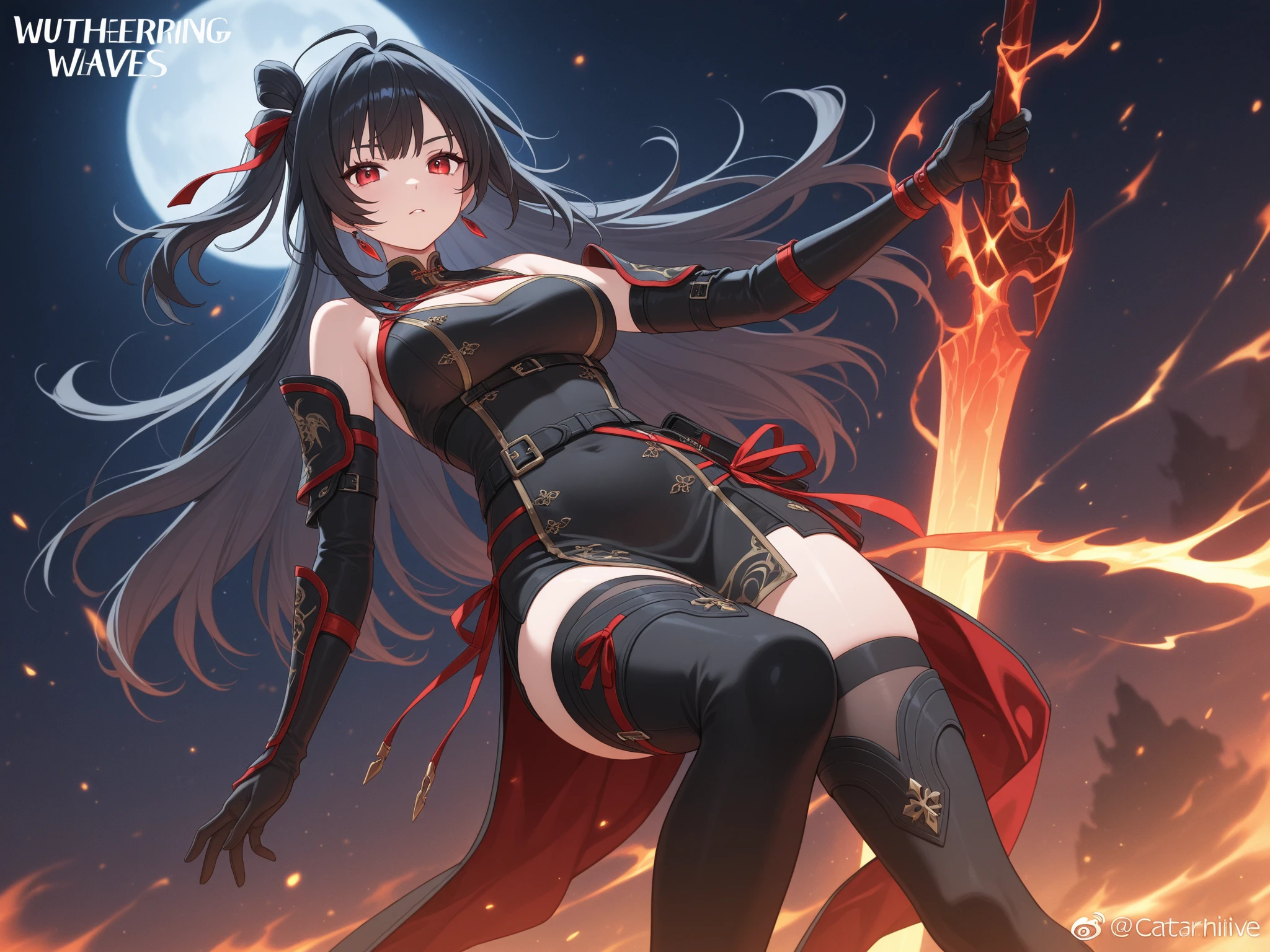 female big breast samurai armor long black hair red eyes fire