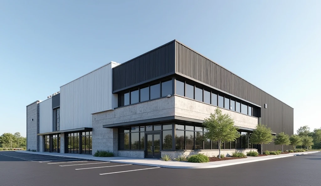 A modern three-story industrial factory office building, approximately 12 meters tall, with clean and minimalist design. The exterior combines vertically oriented corrugated metal panels in white, gray, and black with exposed concrete elements. The metal cladding features evenly spaced, straight, parallel ridges, creating a uniform wave pattern. The exposed concrete is used for structural elements, walls, and accent sections, adding a raw industrial texture that contrasts with the sleek metal surfaces. Large floor-to-ceiling glass windows with black metal frames dominate the front elevation, allowing clear views into the workspace interiors. The building is surrounded by a wide asphalt parking lot with clean white markings. Minimal landscaping with a few trees and plants. Clear blue sky, strong daylight.

--high resolution, ultra-realistic, 4K detail, architectural rendering style, sharp lighting, photorealistic, clean lines, wide-angle view, exterior daytime shot