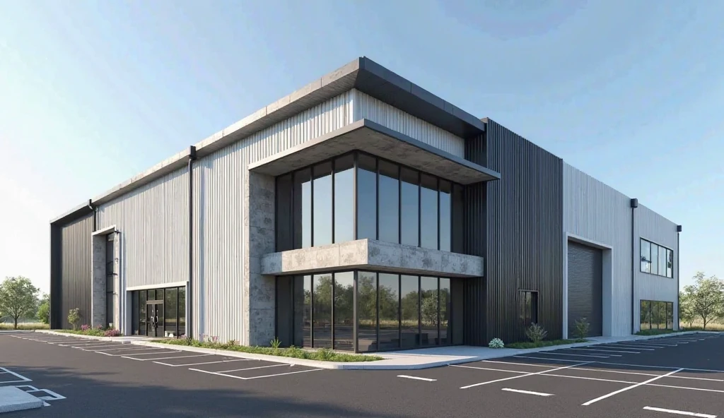 A modern three-story industrial factory office building, approximately 12 meters tall, with clean and minimalist design. The exterior combines vertically oriented corrugated metal panels in white, gray, and black with exposed concrete elements. The metal cladding features evenly spaced, straight, parallel ridges, creating a uniform wave pattern. The exposed concrete is used for structural elements, walls, and accent sections, adding a raw industrial texture that contrasts with the sleek metal surfaces. Large floor-to-ceiling glass windows with black metal frames dominate the front elevation, allowing clear views into the workspace interiors. The building is surrounded by a wide asphalt parking lot with clean white markings. Minimal landscaping with a few trees and plants. Clear blue sky, strong daylight.

--high resolution, ultra-realistic, 4K detail, architectural rendering style, sharp lighting, photorealistic, clean lines, wide-angle view, exterior daytime shot