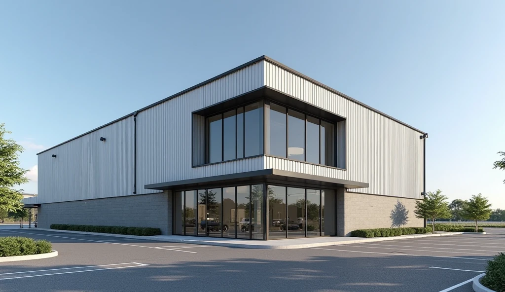 A modern three-story industrial factory office building, approximately 12 meters tall, with clean and minimalist design. The exterior combines vertically oriented corrugated metal panels in white, gray, and black with exposed concrete elements. The metal cladding features evenly spaced, straight, parallel ridges, creating a uniform wave pattern. The exposed concrete is used for structural elements, walls, and accent sections, adding a raw industrial texture that contrasts with the sleek metal surfaces. Large floor-to-ceiling glass windows with black metal frames dominate the front elevation, allowing clear views into the workspace interiors. The building is surrounded by a wide asphalt parking lot with clean white markings. Minimal landscaping with a few trees and plants. Clear blue sky, strong daylight.

--high resolution, ultra-realistic, 4K detail, architectural rendering style, sharp lighting, photorealistic, clean lines, wide-angle view, exterior daytime shot