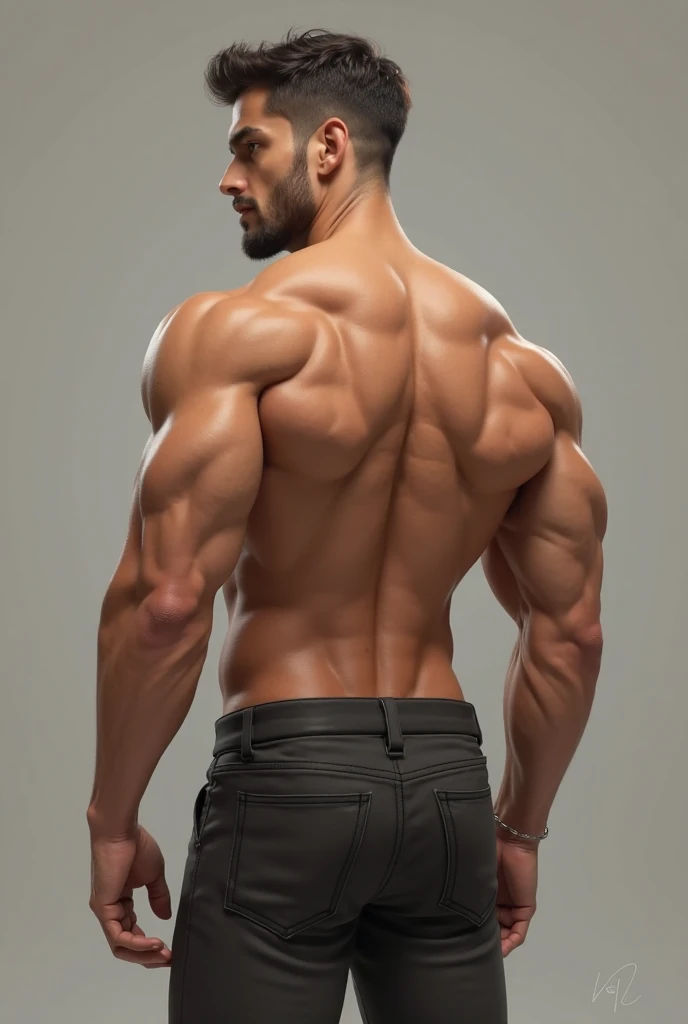 solo,black background,1 boy,arse,male accent,back to shoulder blades,black trousers,bare back,head out of frame,arse accent,realistic