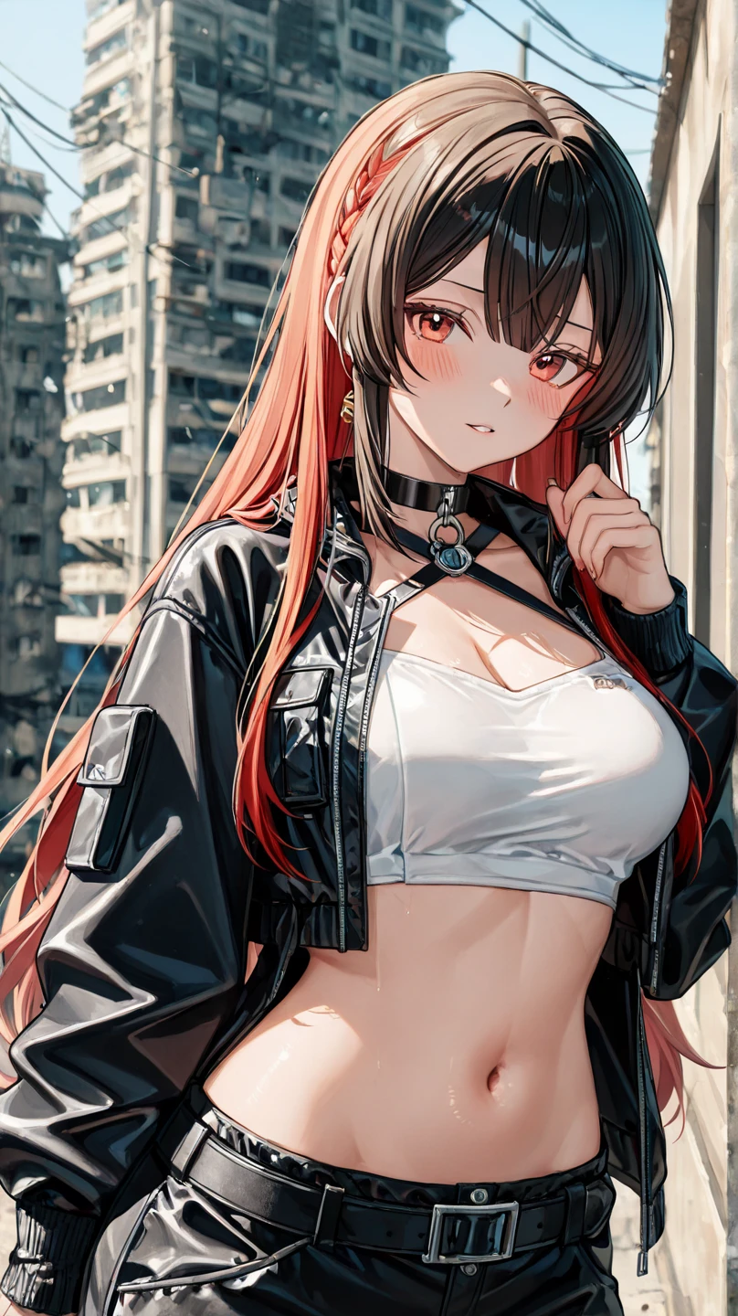 a beautiful detailed woman with long multicolored hair, red eyes, wearing a choker, standing outdoors, showing her bare chest, highly detailed, (best quality,4k,8k,highres,masterpiece:1.2),ultra-detailed,(realistic,photorealistic,photo-realistic:1.37),extremely detailed eyes and face,longeyelashes,vivid colors,HDR,UHD,professional,studio lighting,physically-based rendering