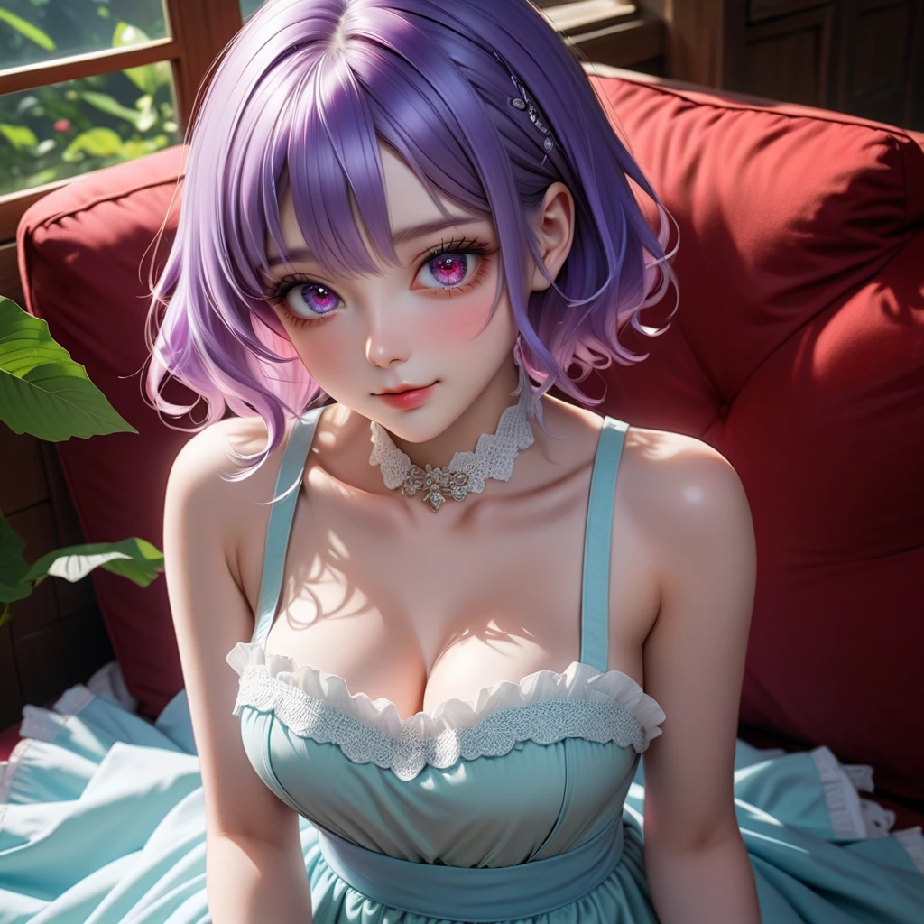 tween girl, cute face, shorts medium hair, random hair style, light purple hair, blue eyes color, perfect large breast, cleavage, high detailed eyes, high detail face, high detailed skin, random clothes, eyesight on viewer, happy expression, smile, full body, laying in bed