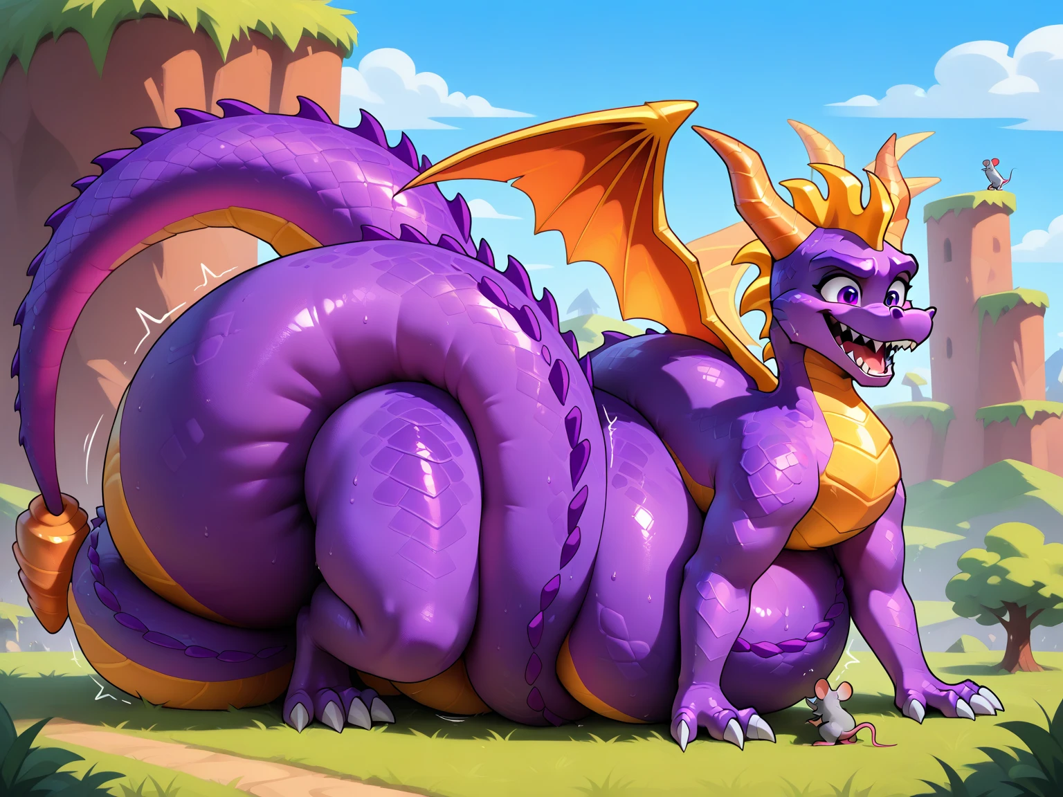 Spyro, Feral, ((thick tail bottom)), female, wide hips, Best quality, macro, on a village, from back, looking away