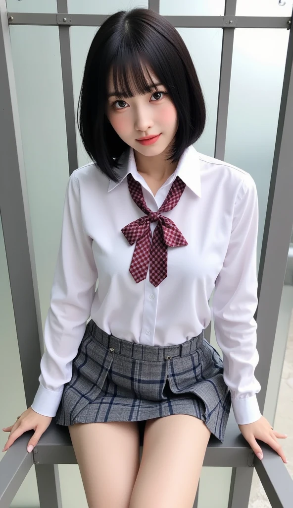 best qualtiy, 超高分辨率, (realisticlying:1.4), 1girll,Pretty woman with slender figure:1.4,18 female high school students are sexy,White skin,二重まぶた,Delicate eyes,white short blouse,Pink bow tie,Pink pleated skirt,White thin stockings,Look forward charmingly,Black hair half in front,Half in the back,Pose in a dark classroom wearing a short skirt and shirt,JK school uniform,short- sleeved,tiedshirt,Full body photo,ssmile