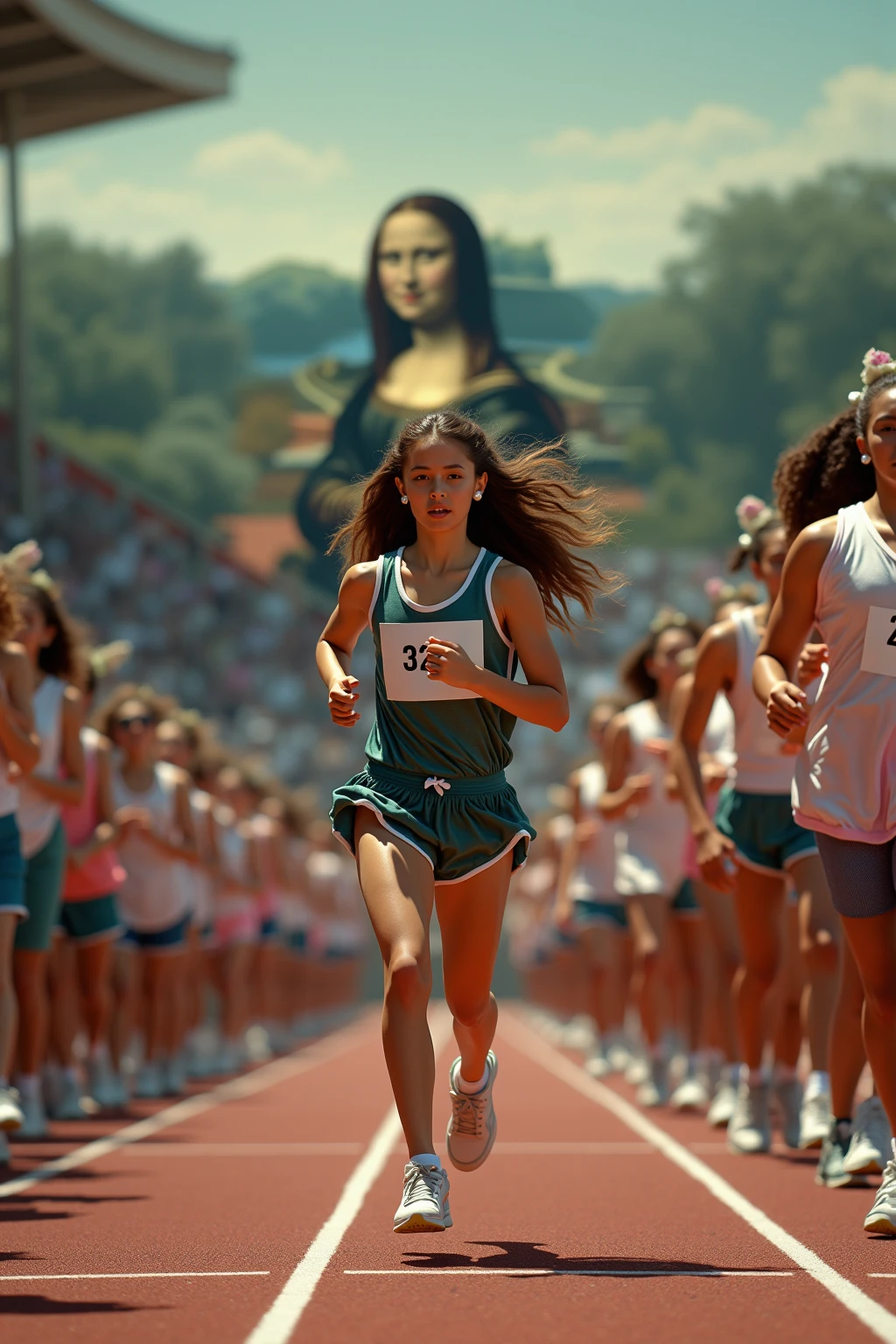 There are many girls running in a race without shirts.., running towards the camera, of a schoolgirl posing, latinas, running towards the camera, femenine body, Carla Ortiz, in the high school gym, soft in the background, stunning beautiful, running fast towards the camera, latina, inspired by Vanessa Beecroft, high school