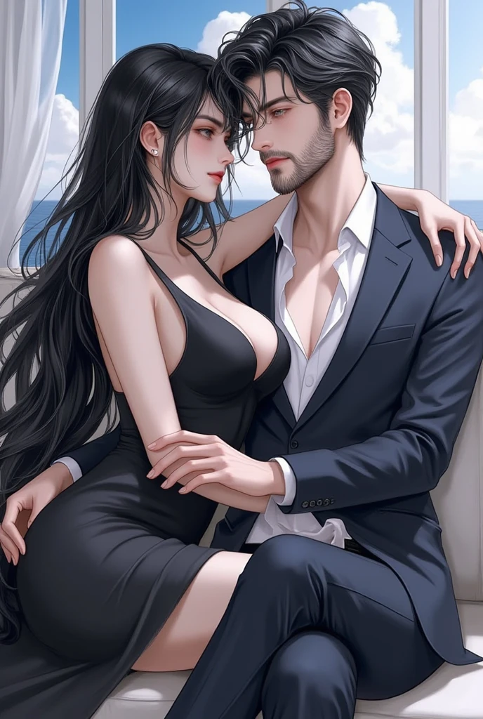 (masterpiece, a boy kiss very beautifully style to his beautiful girl thay looking very romantic poses, the boy looking very handsome he wear a black coat, white shirt smart look,and the girl wearing white bikini sexy figure Big boobs the boy press her boobs very tightly..the girl expression with orgasam