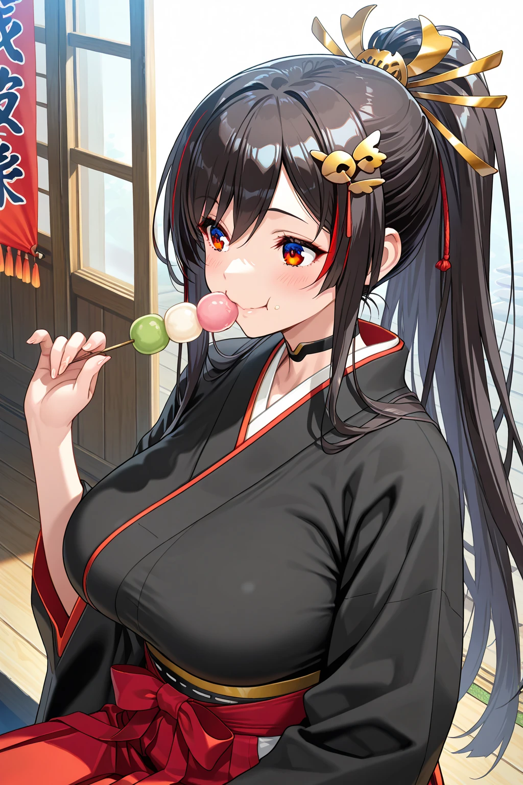 solo, petals, 1girl, cup, japanese_clothes, breasts, looking_at_viewer, blush, hair_ornament, alcohol, short_hair, sakazuki, purple_eyes, bell, black_hair, holding, cherry_blossoms, open_mouth, from_above, wide_sleeves, kimono, no_humans, bare_shoulders, bangs, medium_breasts, sake, artist:omone hokoma agm,rim, light,best quality,amazing quality,very aesthetic,intense shadows, artist:ask (askzy), artist: ogipote, artist:nai3,