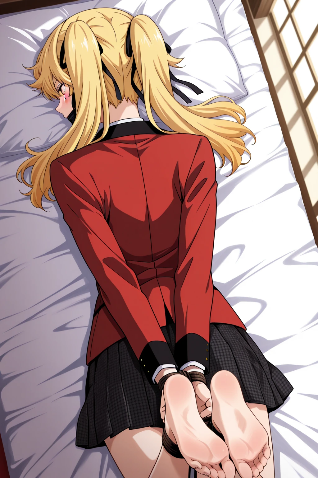 lying on her stomach, sex, rape, 1 boy and 1girl are having sex, big penis, twin braids, nsfw, extremely long shot, vaginal penis, overhead shot, aerial shot, back, blonde hair, looking back, red eyes, the man holding and grab hair, baby face, stare at the man with stern eyes, glare, grimace, furious and rage,
