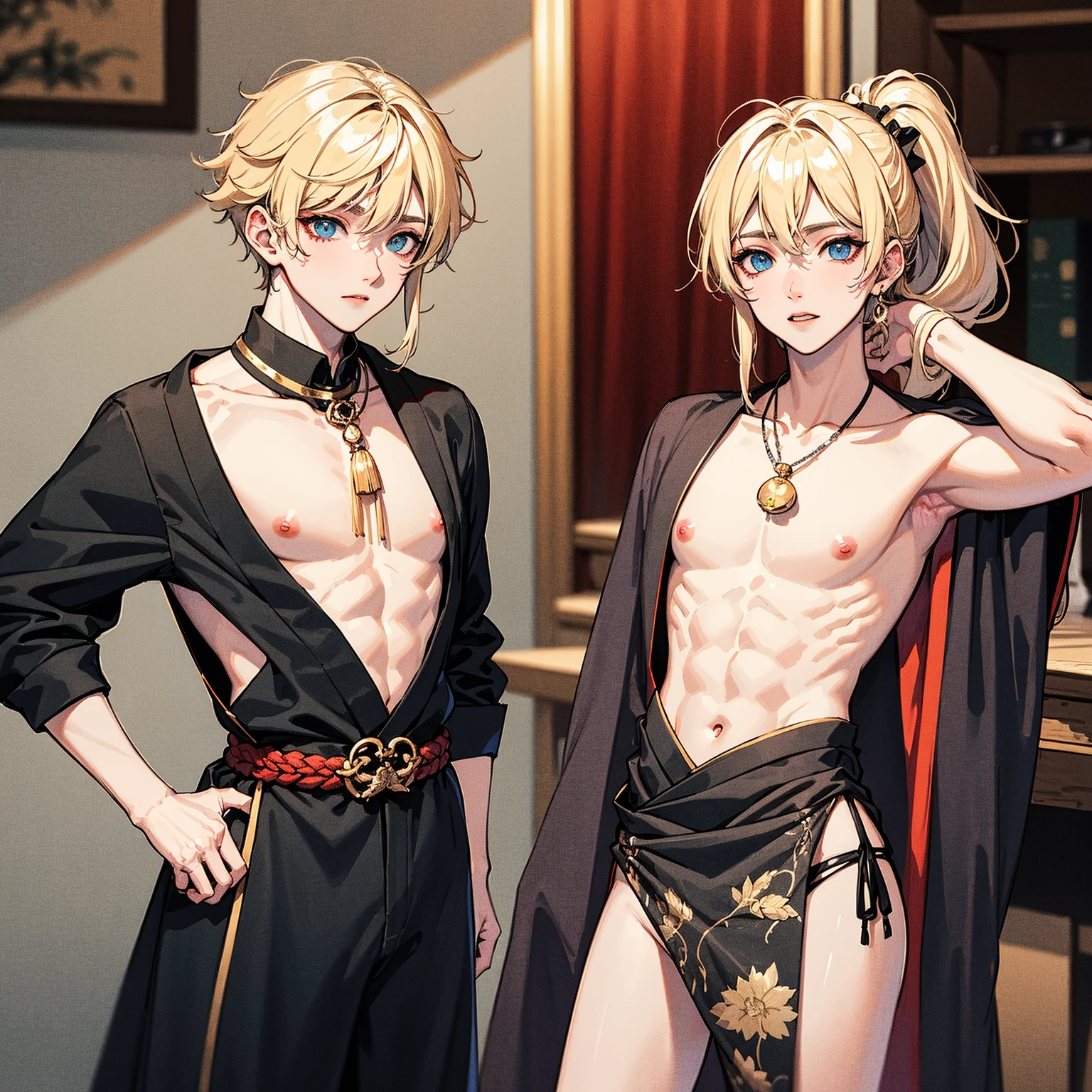 (a stylishly tousled blond hair) and (piercing pink eyes) accentuate the charm of the mummy. (He has) a well-groomed short beard, which adds to his tall stature. Wearing lingerie.