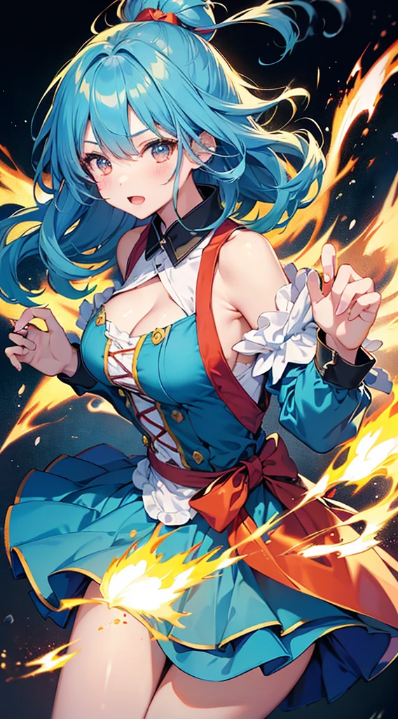 (An adult woman is shooting fireballs from the palm of her hand, Cast a spell, Windでスカートがめくれている, White panties with red ribbon:1:3), Beautiful Anime Woman, Beautiful art style, Anime characters, ((Smooth texture, Realistic texture, Anime CG Style)), ((Highest quality)), (Very detailed), (Very detailed CG 統合 8k 壁紙), Very detailed, High-resolution RAW color photos, Professional photography, masterpiece, Highest quality, Beautiful and big breasts, Slender body, (Stunningly beautiful woman), (Detailed face:1.2), (Blue Hair, White Dress, White mini skirt, Red eyes, Circlet, Cleavage, Blue Cape), Outdoor, nature, Wind, Perfect lighting, Perfect Shadow, Exact number of arms, Exact number of legs, Perfect Anatomy, Exact finger count、Exact number of legs、(Exact number of arms:1.0, Exact number of hands:1.0), (Perfect hands, Perfect Anatomy), (Rin々A cute smile), Angle from the front, Dragon Quest