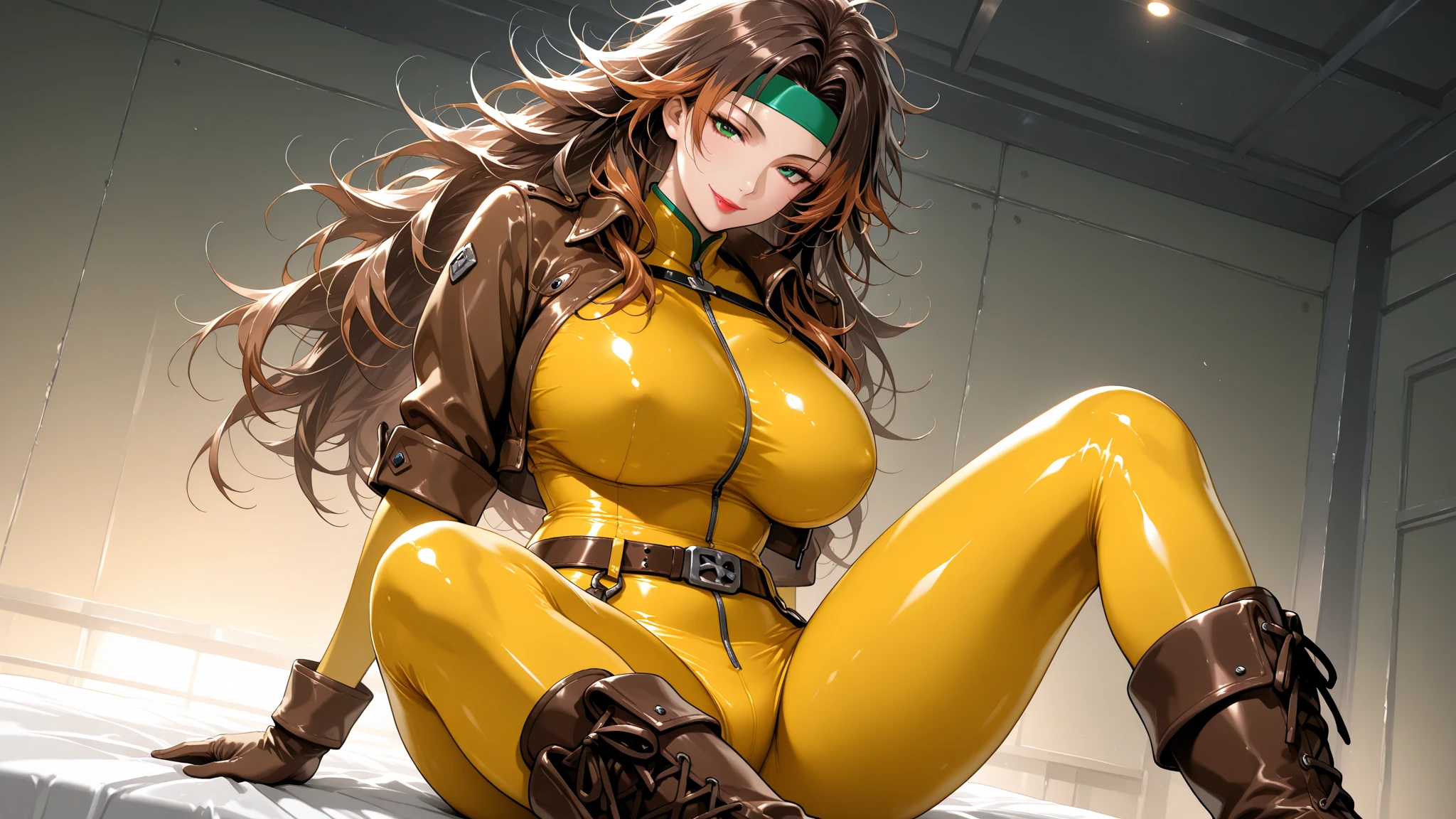 score_9, score_8_up, score_7_up, score_6_up, score_5_up, score_4_up, RogueXMXL, green eyes, lipstick, brown hair, two-tone hair, long hair, messy hair, headband, big breasts, cropped jacket, brown jacket, yellow bodysuit, gloves, belt, boots,casual Sitting, dynamic pose, seductive smile, looking at viewer,<lora:RogueXMXL:0.7>