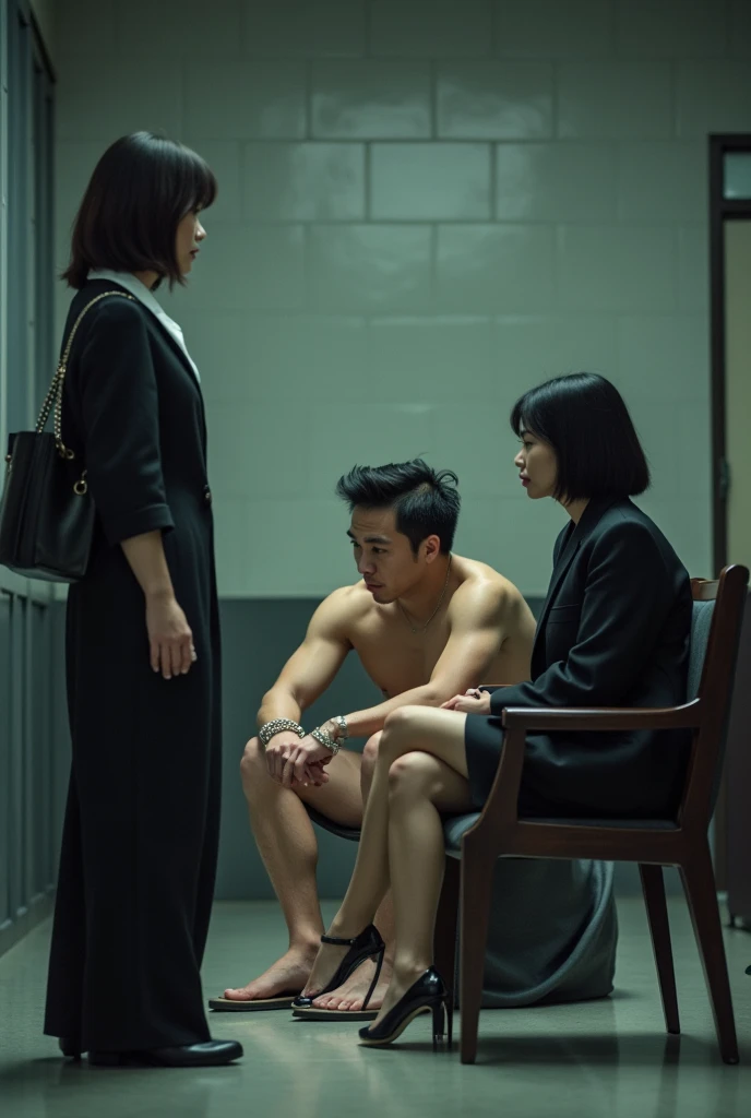 A man wearing a black shirt、Hong Kong young man in black suit struggled drunkenly，half undressed，He was tied to a chair with a rope, his hands were tied behind his back, and his feet were tied in chair.。