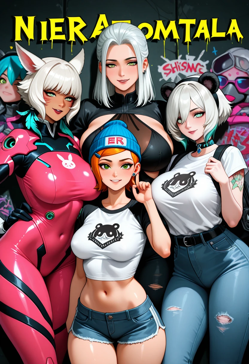 score_9, score_8_up, score_7_up, 2girls, Ela, ela elite \(Rainbow Six Siege\),ela, ela \(Rainbow Six Siege\,serana, voutfit, red eyes, slit pupils, black lips,(((massive breasts))), oiled, overhead shot, cupping breasts, 2girls with shota male, shota male in centered of girls, standing, smile, hug, 2girls hug shota, green eyes, pale skin, short hair,