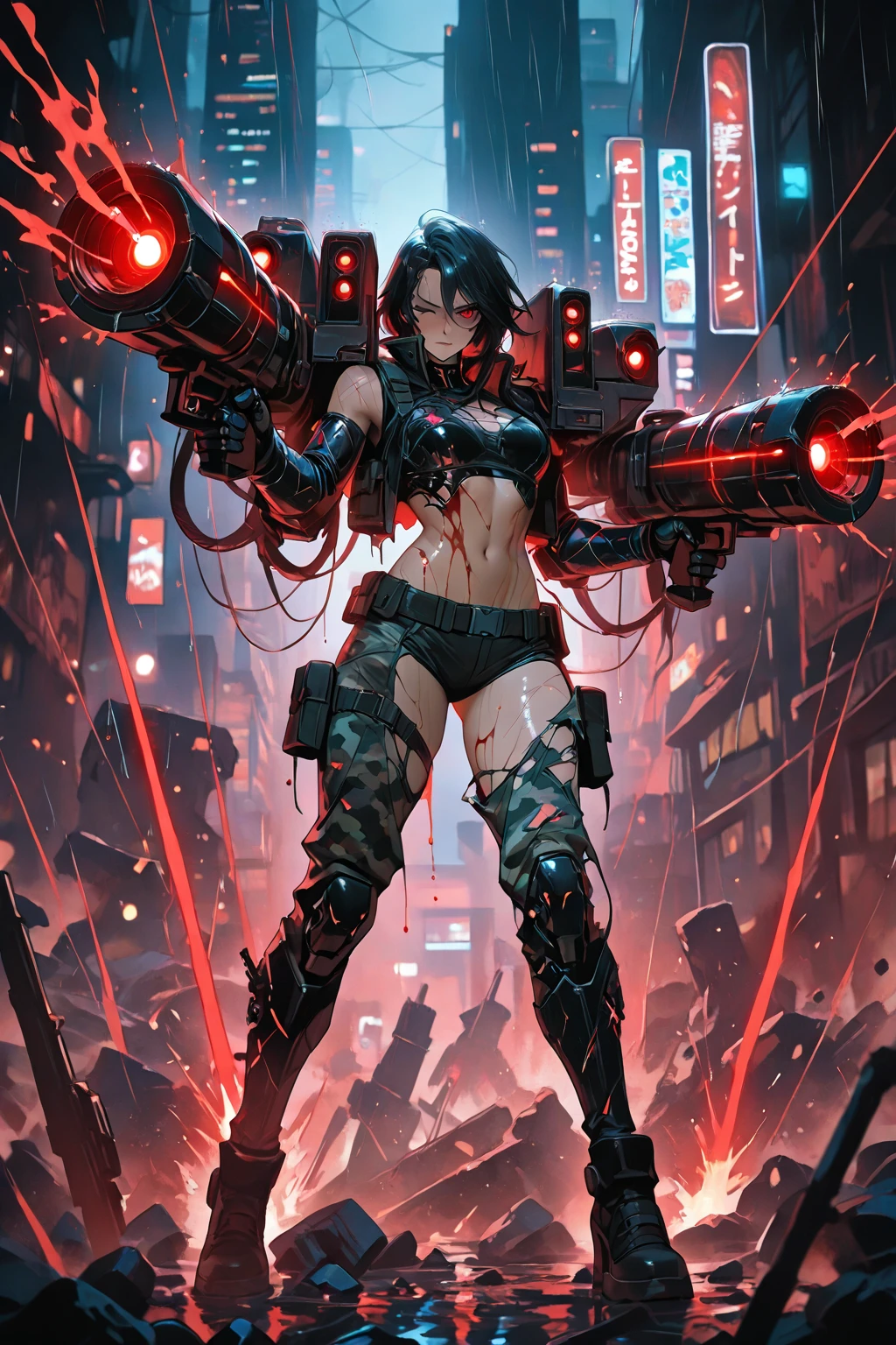 Highly detailed, stylized digital artwork featuring characters from a cyberpunk setting.          The subject is a muscular, sexy woman with oily skin, cleavage, navel, thighs and buttocks.    Squatting on a rooftop with a cityscape of neon lights and skyscrapers in the background.          The character has crimson eyes and wears a hooded cape and miniskirt.  It also comes with red and black tactical gear, including fingerless gloves, arm guards, and various straps and buckles.      His face and body were covered in a white, sticky liquid.          The overall color tone is mainly dark, combined with eye-catching red, creating a dramatic and strong atmosphere.