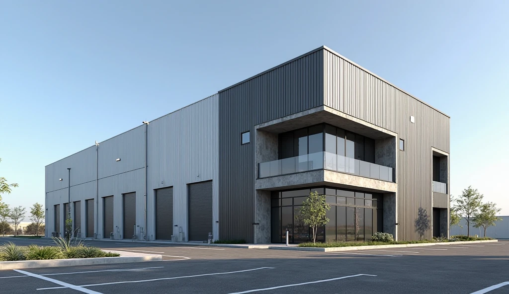 A modern three-story industrial factory office building, approximately 12 meters tall, with a clean, minimalist design. The façade features a combination of vertically oriented corrugated metal panels in white, gray, and black, along with exposed concrete elements that add structural contrast. The metal cladding has evenly spaced, straight, parallel ridges. On one side of the building, several large industrial roll-up loading dock doors are installed for container delivery access (no trucks present). The opposite end is the front office corner, which includes large floor-to-ceiling glass windows with black frames, and a strong architectural accent such as a cantilevered canopy, textured façade treatment, or recessed volumes to emphasize the office zone. A metal rain gutter runs along the roof edge, and a single vertical downspout is located at one corner of the structure. The building sits on a large asphalt parking lot with white painted lines. Minimal landscaping with small trees and shrubs. The image is rendered in a three-quarter (3/4) perspective that shows both the loading bay and the office corner clearly. The sky is clear and blue with bright daylight.

--high resolution, ultra-realistic, 4K detail, architectural rendering style, sharp lighting, photorealistic, clean lines, wide-angle 3/4 perspective, exterior daytime view