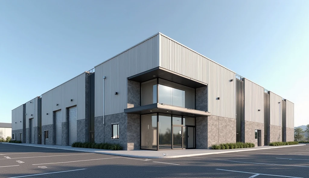 A modern three-story industrial factory office building, approximately 12 meters tall, with a clean, minimalist design. The façade features a combination of vertically oriented corrugated metal panels in white, gray, and black, along with exposed concrete elements that add structural contrast. The metal cladding has evenly spaced, straight, parallel ridges. On one side of the building, several large industrial roll-up loading dock doors are installed for container delivery access (no trucks present). The opposite end is the front office corner, which includes large floor-to-ceiling glass windows with black frames, and a strong architectural accent such as a cantilevered canopy, textured façade treatment, or recessed volumes to emphasize the office zone. A metal rain gutter runs along the roof edge, and a single vertical downspout is located at one corner of the structure. The building sits on a large asphalt parking lot with white painted lines. Minimal landscaping with small trees and shrubs. The image is rendered in a three-quarter (3/4) perspective that shows both the loading bay and the office corner clearly. The sky is clear and blue with bright daylight.

--high resolution, ultra-realistic, 4K detail, architectural rendering style, sharp lighting, photorealistic, clean lines, wide-angle 3/4 perspective, exterior daytime view