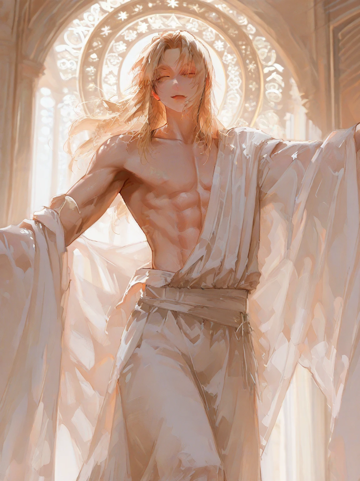 1man, solo, Geum-hoo, long platinum hair, gat hat, (nude: 1.3), (hanbok), large pecs, cleavage, thighs, coffee butt, (heart: 1.3)