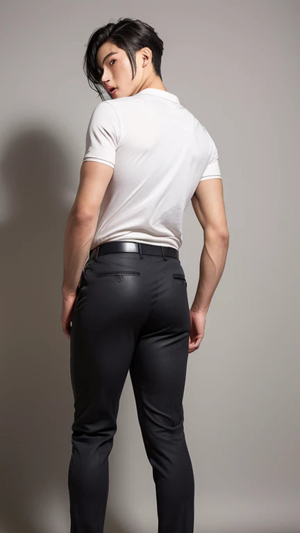 ((photo realistic)), (((one men only in the picture))), 20 years old mature bulky Hiroshi man with sharp chin posing in a white office, short haired, back arched, he is wearing grey shiny pants and shirt (big butt), ((tight pants)), medium shot taken from behind, back - shot, rear-shot, ((Low angle)), thick thigh, big butt, thicc