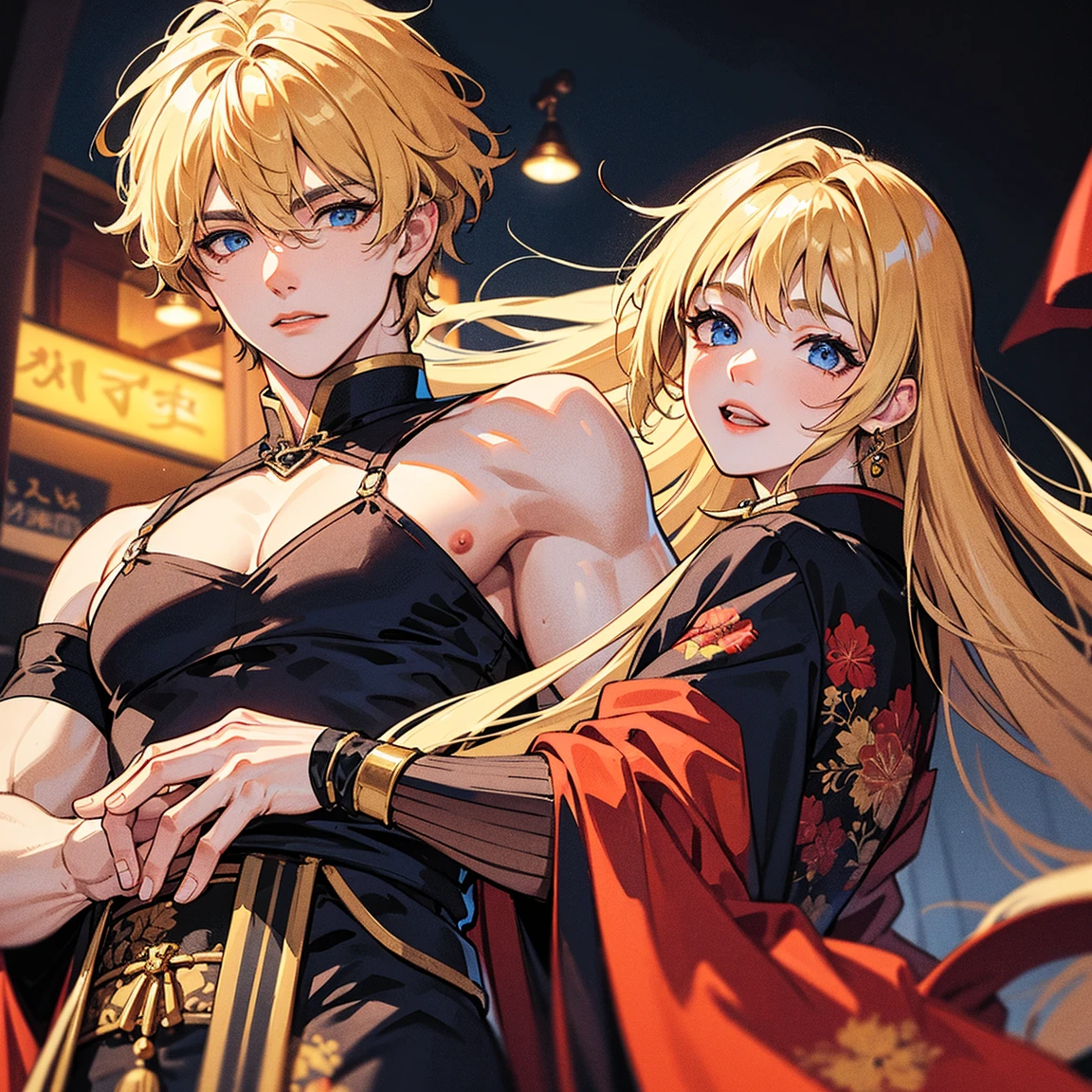 1girl, (solo), short curly hair, golden hair, small breasts, light blue eyes, small size, fair skin, perverted face, red cheeks, fangs, naked, full body, lots of cum on sex, standing, (night), blood moon, medieval town, town behind (very sexy body, detailed face, masterpiece, highly detailed, 8k, best quality, vibrant colors, digital art, concept art)