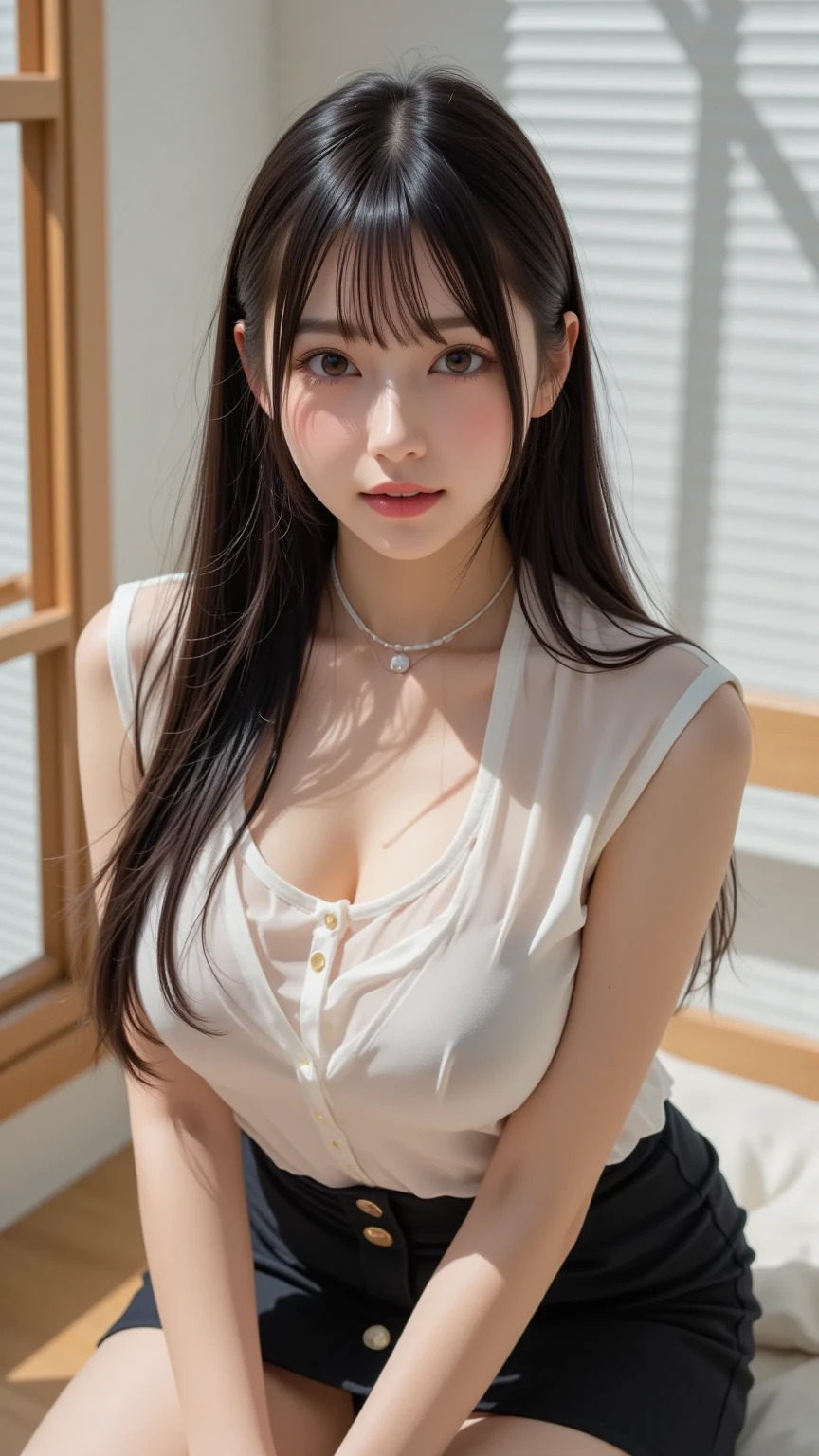 (8K, Raw photo, highest quality, masterpiece: 1.2), Super detailed, super resolution, (genuine, genuine photos: 1.37), portrait, High-definition RAW color photo, professional photos, 非常に詳細で美new, very detailed, 8k wallpaper, amazing details, huge file size, official art, very detailed CG Unity 8k wallpaper, very detailed beautiful girls, very detailed facesHighly detailed eyes, Very fine skin, very detailed fingers, very small nose, very detailed detailed mouth, perfect anatomy, detailed background, Fine clothes,20th generation, cute girl, genuineistic body, white skin, glowing skin, (dull bangs: 1.2), smile, cute, like々new, cute face, genuineistic face, delicateな目, Saggy eyes, (Miniskirt Maid Cafe Costume)、(white shirt)、(Pink pleated super mini skirt)、earrings, looking at camera, dynamic lighting, G cup breasts,big breasts、、(Stylish brown bar background)、(dynamic dance pose 1.2)、(There is a cleavage )、(Pink and Black Theme 1.2)、(delicate, plump and moist lips)、(Fishnet tights)