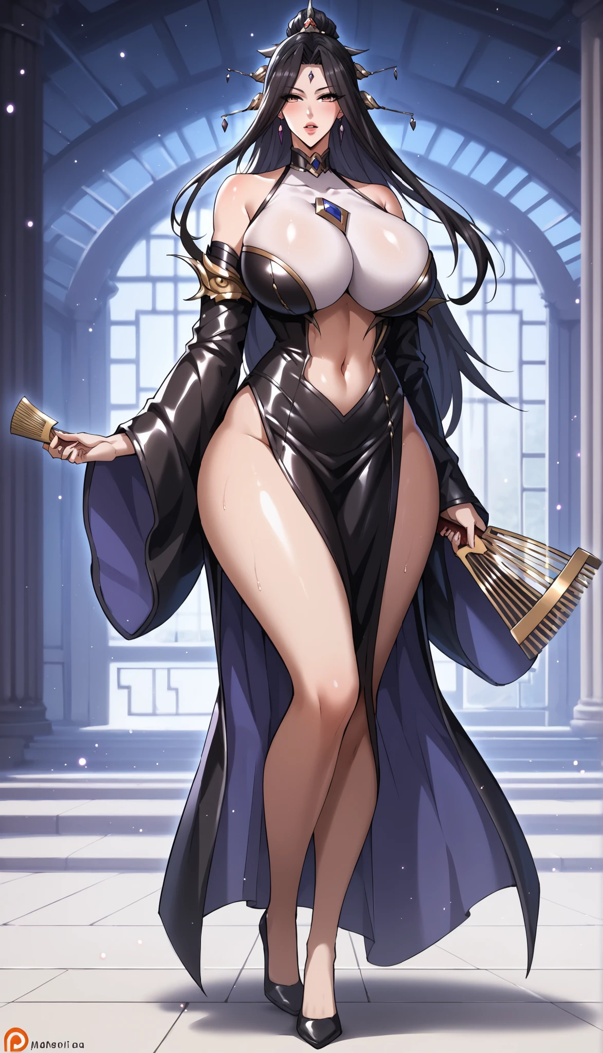 Full body, A pretty woman, long black wavy hair, Brown eyes, naked, cat ears and tail, fangs, horns, sexy, large thighs and buttocks, medium breasts, labios gruesos y sexys lamiendo su mano, sexy cara.