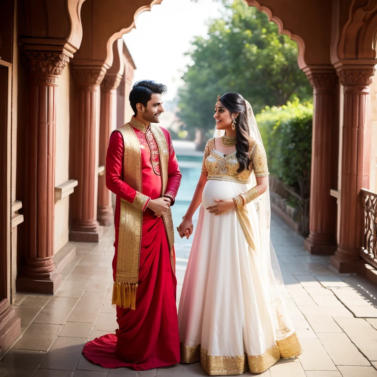 Beautiful indian couple make the woman pregnant, wearing indian dress