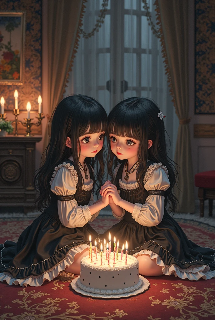 ((((((Little girl and little boy))), the anime, ( Green eyes), (black hair), Nice face, ssmile, hair up to the shoulders, straight hair, square, (((morena))), ((tmasterpiece, beste-Qualit)), illustartion, Ультра деталпазированная 8k, Photorealistic, sharp-focus, higly detailed, Professional lighting, casual wear, gala wear, Family celebration, birthday party, a cake, candle lights, table with food, Guests, children , taw, Gifts