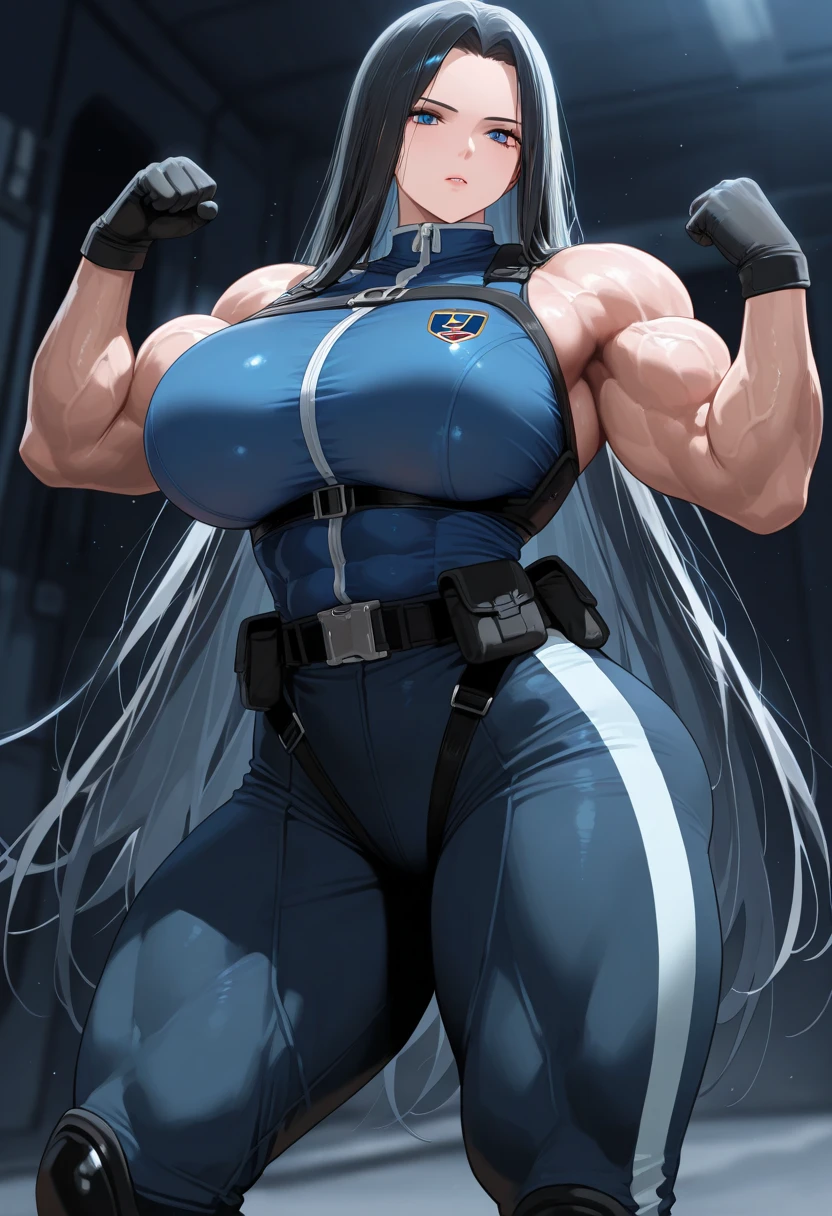 (((Muscle girl))), (((massive))), Silver hair, stealth bodysuit, blue eyes, spy, (((huge breasts)))
