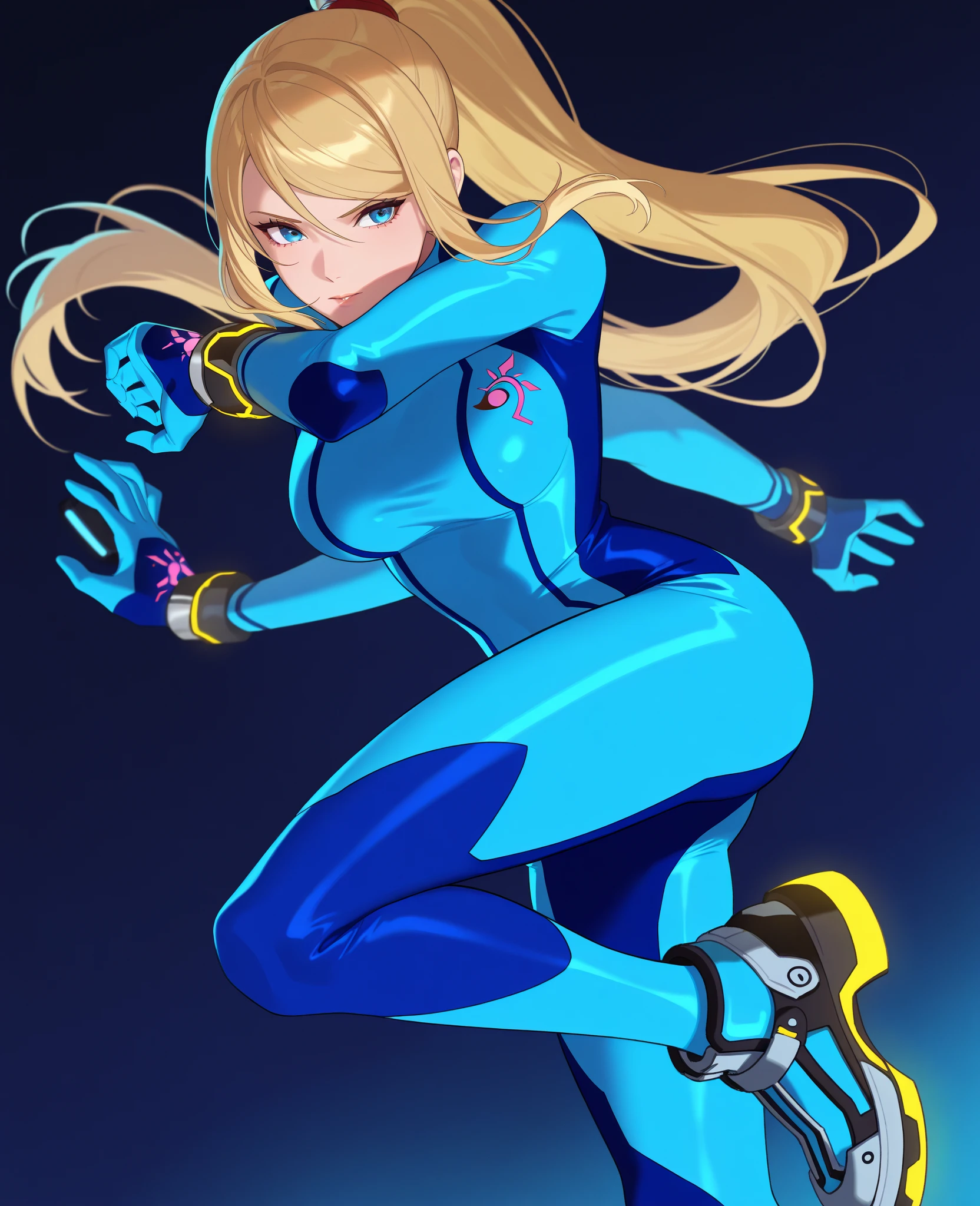 1female , blonde Hair ,pig tails , Floating in air , blue Bodysuit , blue Dress , blue Superhero Suit , joyful Expression , blue Eyes
