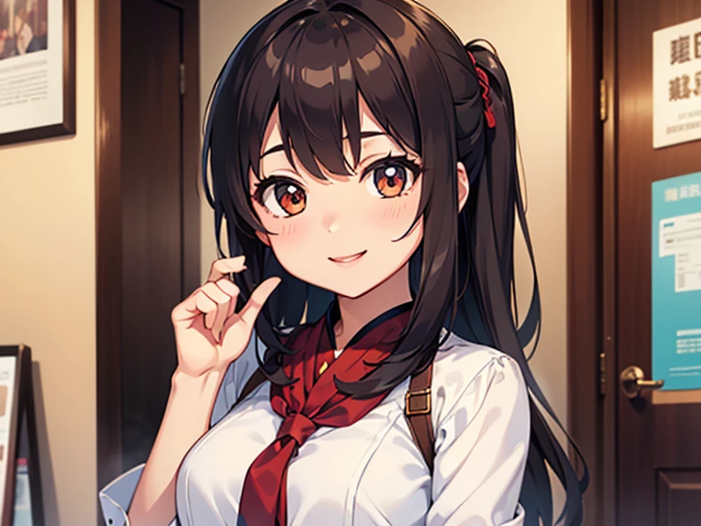 ((Tabletop, Highest quality, High resolution, , Pixel Perfect, 4K,))), 1 female teacher, single, alone, beauty、The whole body is visible、 ((Long Wavy Hair, bangs, Brown Hair)), ((Brown eyes, Beautiful eyelashes, Realistic eyes)), ((Detailed face, Blushing:1.2)), ((Smooth texture:0.75, Realistic texture:0.65, Realistic:1.1, Anime CG Style)), Big Breasts, Dynamic Angle, Perfect body, (( , , Santa Claus Cosplay Hat、 Santa Claus Cosplay Off Shoulder Sweater、flare skirt、Floral lace panties 、)), 、、Very embarrassing panic smile, 、、classroom、、Nipples are slightly visible、、Stick your butt out、Leaning forward、Bring your arms together、 、Angle from below)、