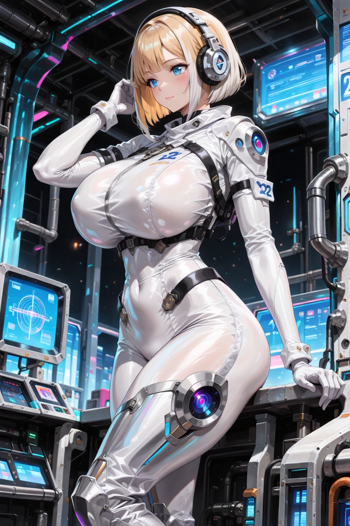 girl, big breasts, pleasurable expression, she enjoys, curly hair, short hair, white hair, blue eyes, bare breasts, tight onesie, futuristic onesie, hands touching boobs, hands on boobs, hands pulling boobs, hands pulling nipples,