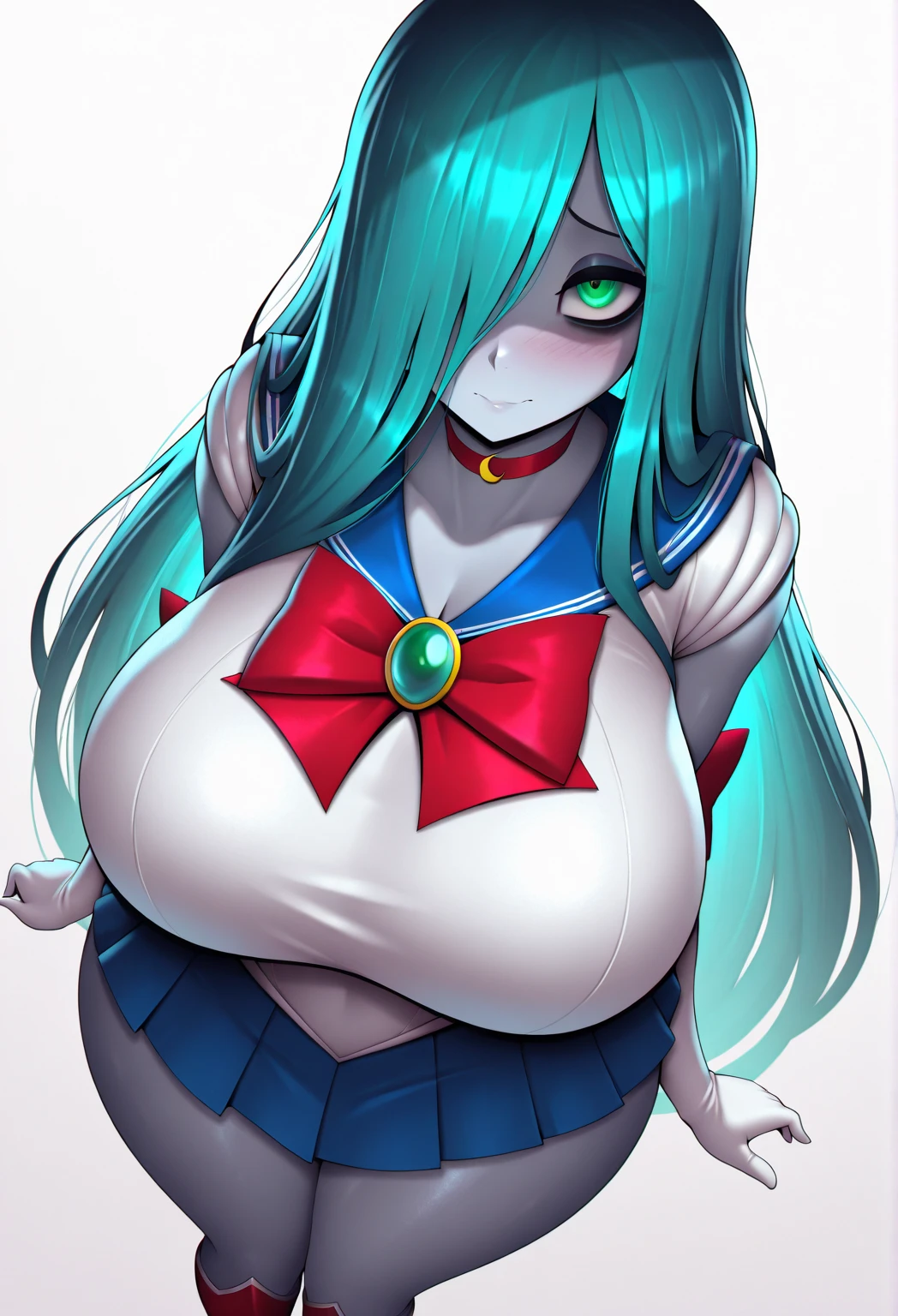 TheSpirit, floating hair ,((blue skin)),green eyes,navel, solo, beach, close up, blush, SpiScho,very Long hair, fingernails, black stockings,huge black thighhighs, (insanely detailed, beautiful detailed face, masterpiece, best quality), spread legs, grab belly, ((school uniform)),wide hip, underboobs, gigantic breast, erect nipples