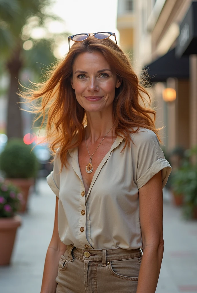 portrait, her name is Mia, high quality, 1 old woman, ((40-year-old guitar shaped body irish woman)), (((40 years old))), wide hips, (wrinkled body), (old body), (((red hair))), (pale skin), ((green eyes)), she is wearing tan safari romper, dynamic pose, BREAK, BACKGROUND: outdoor: San Diego Zoo