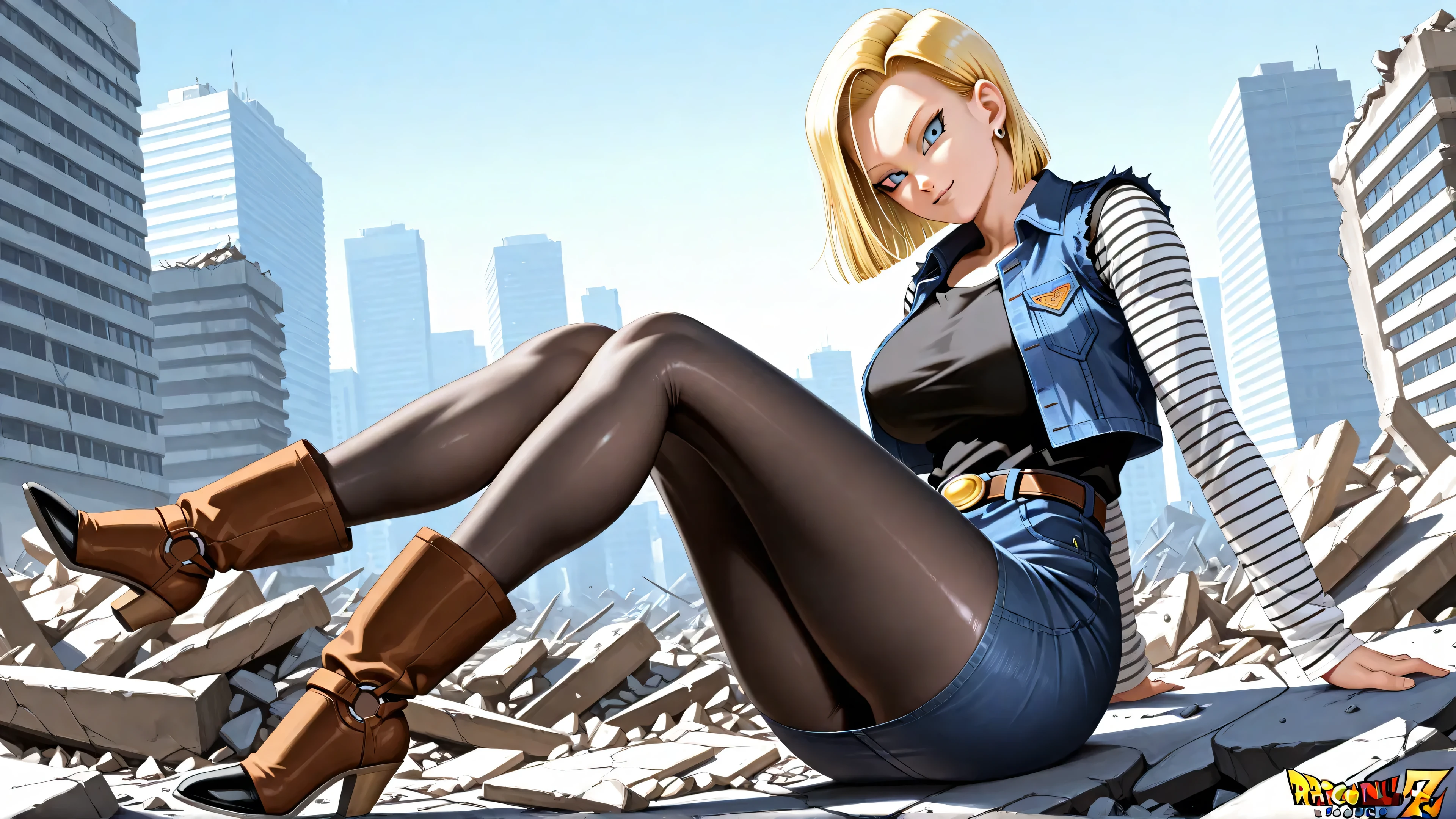 best quality, high definition, and18, 1girl, Android 18, solo, blonde hair, blue eyes, belt, jeans, pearl_necklace, bracelet, short hair, short sleeves, earrings, big breasts, wide hips, ass, legs apart, city, (naked), erotica, standing, expressionless,