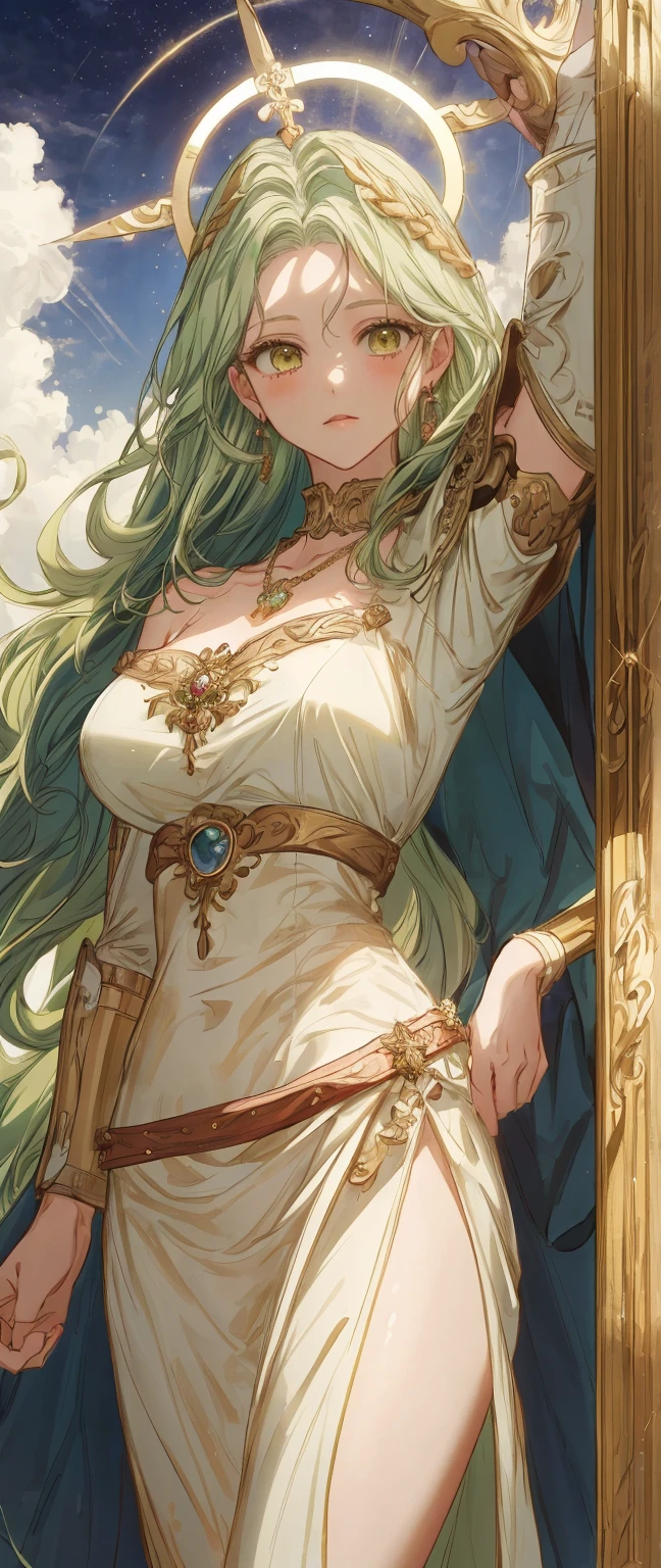 (best quality)) ((masterpiece)) human, 1woman, ((stern facial expression)), huge_breasts, solo, long_hair, ((1green eyes)), ((light_blonde_hair)), ((stern face)), looking_at_viewer, massive_breasts, wide_hips, freckles, gold_trim, very_long_hair, gold_jewelry, bangs, ((regal gown)), shopping-for-clothes-1, looking-through-clothes-1, ((perfect green eyes)), ((highest quality)), ((excellent quality)), ((best quality)), ((best eyes)), ((highest quality eyes)), ((best hands)), ((best quality hands))
