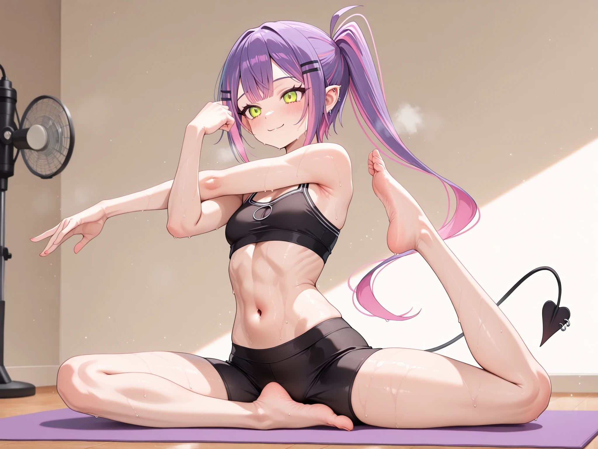 hortensia, hair loops, heart cheek sticker, pink eyes, yoga pants, sports bra, 1girl, solo, Sitting, On the floor, Split Horizon, stretch, horizontal splits, stretch regs, peace fingers, one eye closed, open mouth