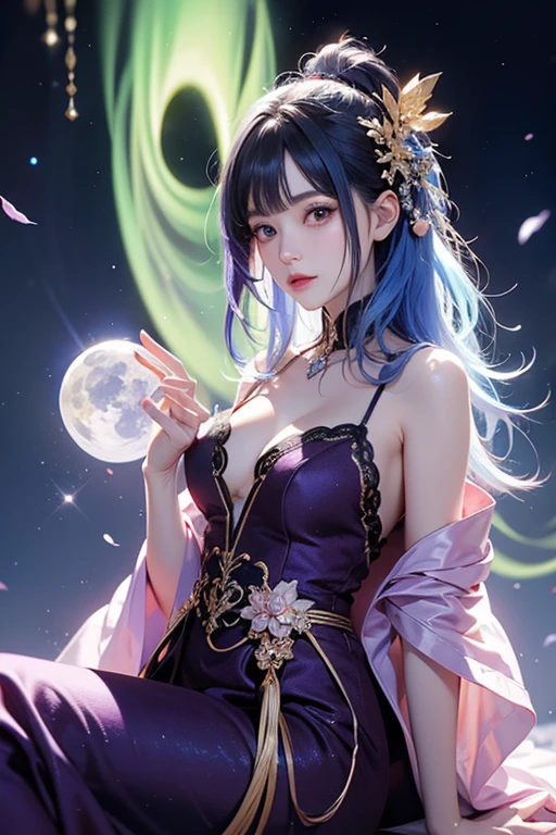 finest image, (8k, RAW photo, realistic), portrait, detailed and delicate depiction and flashy and dynamic painting method, blue violet hair, beautiful woman, sparkling crimson red sharp eyes, amorous expression, lewd expression, ecstasy, orgasm, huge breasts, treasured breasts, great proportion, open Japanese kimono, blue violet and white lilies, background big moon, iridescent golden particles
