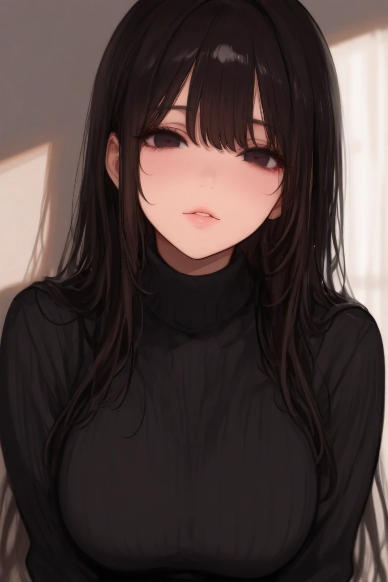 Amazing portrait of a sexy woman with a beautiful face emphasised by amazing makeup and black hair and seductive eyes in an intense gaze with her mouth parted and a deep blush on her face as she's flustered wearing an off shoulder t shirt