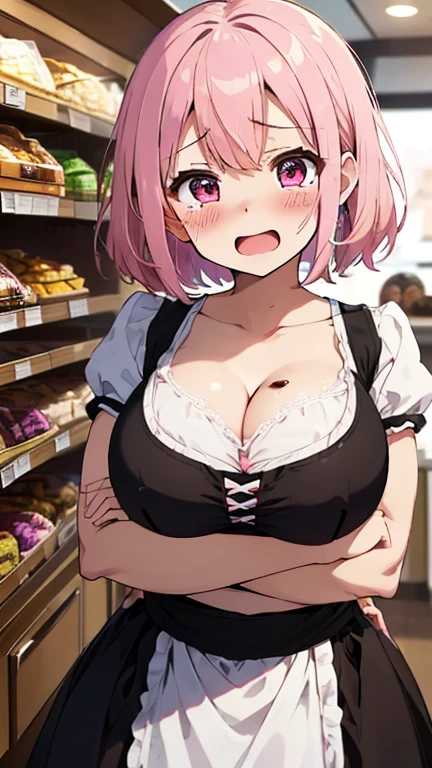 1girl, solo, nakano nino, pink hair, butterfly hair ornament, (naked:1.3), (white apron), large breasts, cleavage, thighs, cafe background, (blushing:1.3)